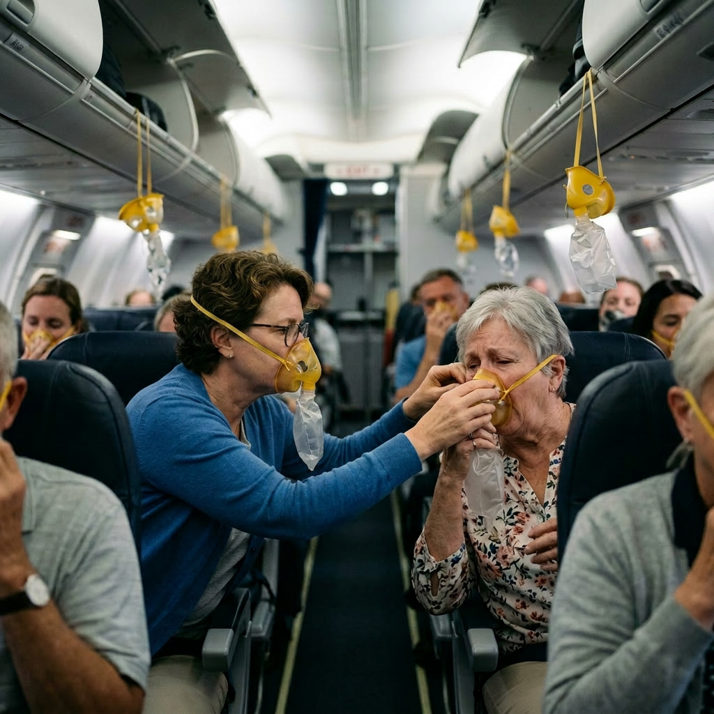 Passengers on an airplane putting on emergency oxygen masks