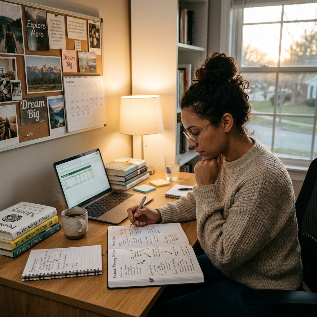 Woman wearing glasses writing in a notebook with financial planning notes at a desk