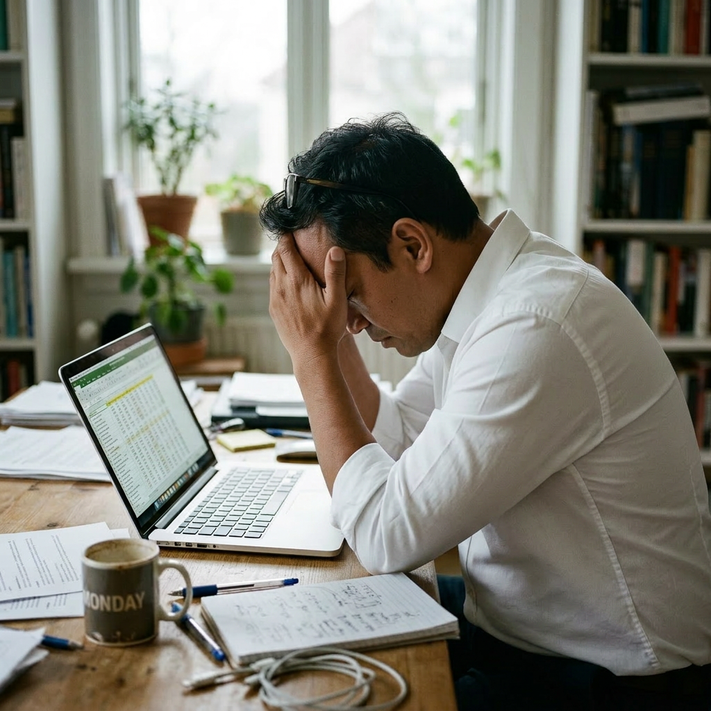 Man holding his head in frustration sitting at a desk with laptop and papers