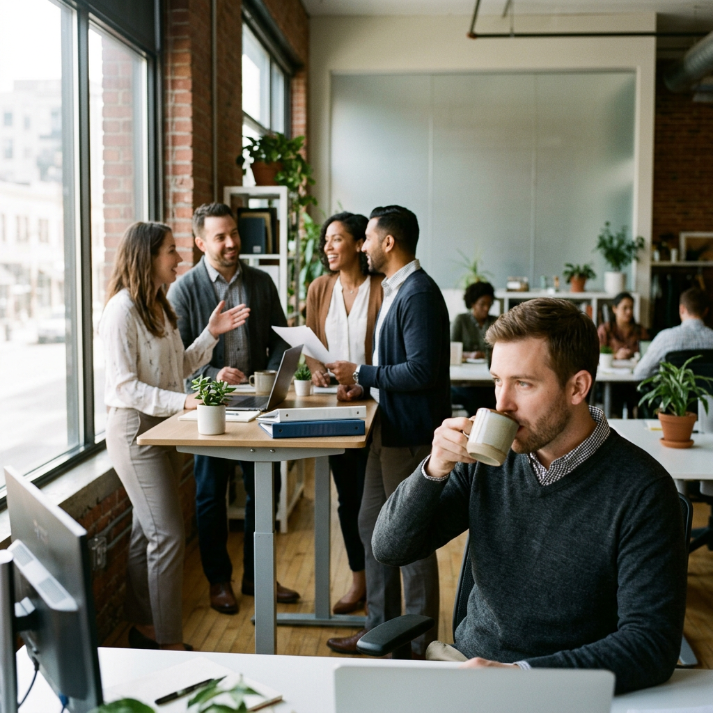 Four coworkers discussing papers at a standing desk while another man drinks coffee at his desk